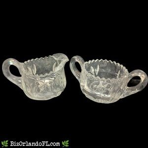VINTAGE: EAPG McKee Sawtooth Innovation Cut Crystal Floral Sugar & Creamer